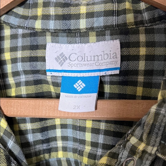 Columbia Women’s Flannel Top 2X Gray Yellow Pearl Snap Long Sleeve Shirt Pocket - Picture 2 of 9